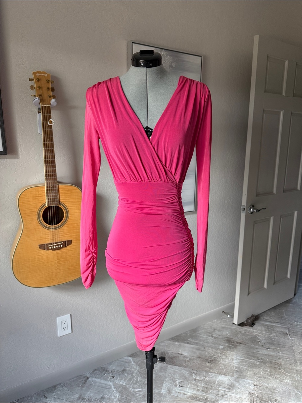 BCBGMaxAzria Hot Pink Long-Sleeve Ruched Wrap Dress